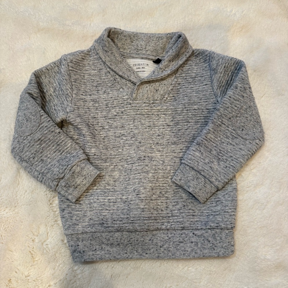 Boys Grey Sweater With Rolled Shawl Collar And Sleeve Patches - Size 24-36 Mos.